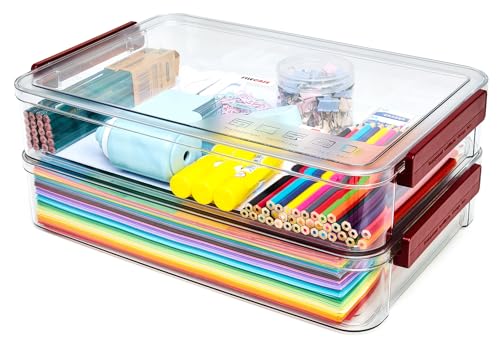 CATOOMUU 5.5qt Portable Project Case 9 X 13 Clear Stackable Plastic Storage With Lids Organizer Containers File Box For Letter A4 Paper Photo Documents Scrapbook Craft Art School Supplies, 2 Pcs - color: Large-Red