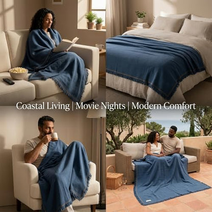 Odin Waffle Throw Blanket with Tassels, 50x66 Inch, 100% Turkish Cotton, Oeko-TEX Certified, Breathable Lightweight Throw for Couch, Sofa & Bed, Made in Turkey, Denim - color: Denim