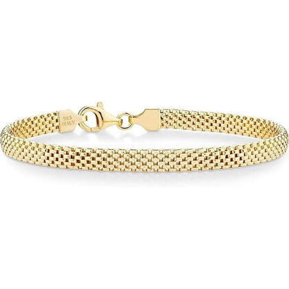 Hypoallergenic 18K Gold Plated 925 Silver 5mm Mesh Bracelet, Women Classic Stackable Minimalist Gift - color: Length 6.5 Inches