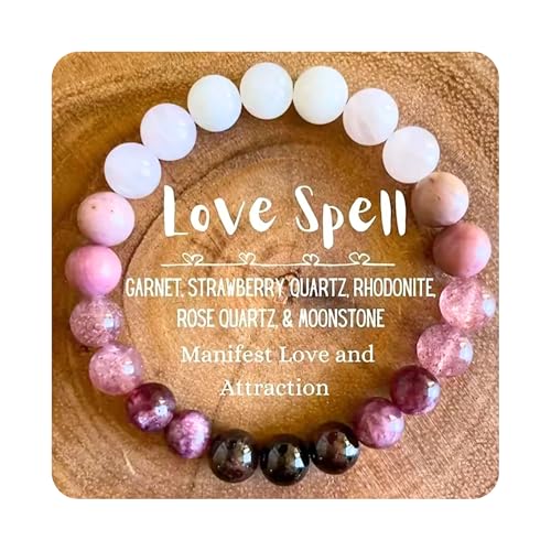 Love Energy Crystal Bracelet for Women Garnet, Quartz, Rose Quartz, Rhodonite, Moonstone for Mothers Days Gift, Birthday, Christmas Healing Gemstone Bracelet