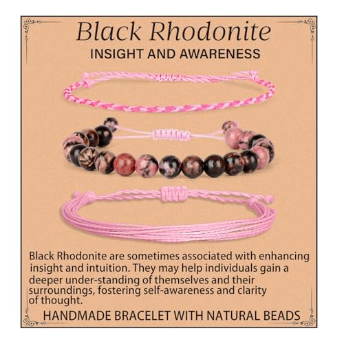 QOGIR Handmade Healing Bracelet,6mm Natural Gem Stone Bracelet rope bracelet - color: Black Rhodonite(Insight and Awareness), size: 8mm