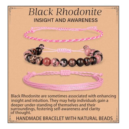 QOGIR Handmade Healing Bracelet,6mm Natural Gem Stone Bracelet rope bracelet - color: Black Rhodonite(Insight and Awareness), size: 8mm