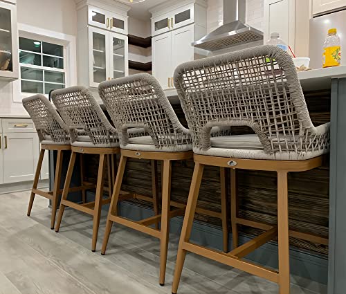 PURPLE LEAF Counter Height Bar Stools Set of 4 Rattan Chair Boho Aluminum Woven Counter Stools with Back and Footrest Modern Patio Seating 24.8 Inches Outdoor Barstools - color: Classic/Plaid, size: 4pc-24.8"h
