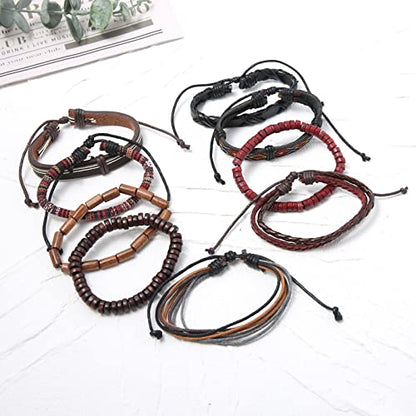HZMAN Wrap Bracelets Men Women, Hemp Cords Wood Beads Ethnic Tribal Bracelets, Leather Wristbands - style: 2Pcs Leather Bracelets