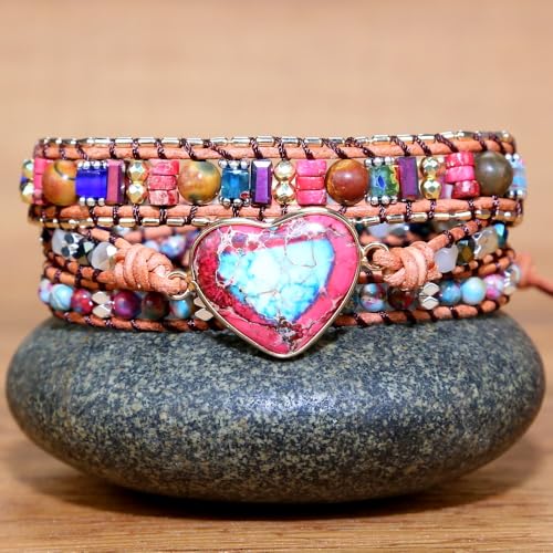 Handmade Boho Wrap Bracelets Natural Turquoise Crystal Stone Variety Beaded Strand Bracelet - color: Red Heart