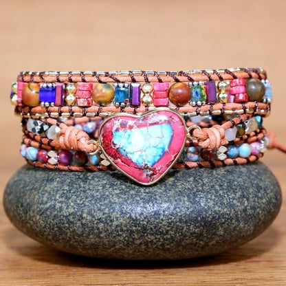 Handmade Boho Wrap Bracelets Natural Turquoise Crystal Stone Variety Beaded Strand Bracelet - color: Red Heart