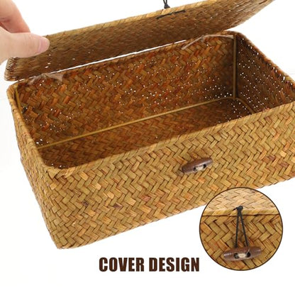 Woven Storage Box with Embroidery Pattern, Rectangular Medium-sized Sundries Organizer, Portable Straw Jewelry and Desktop Storage Case with Lid for Home and Office