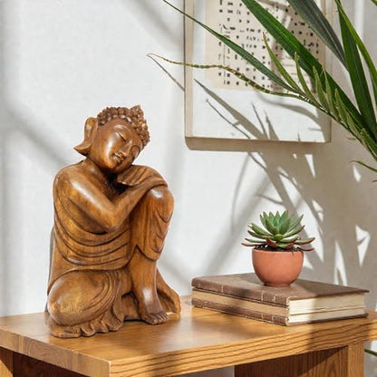 G6 Collection 12" Wooden Serene Sleeping Buddha Statue Hand Carved Sculpture Handmade Figurine Decorative Home Decor Accent Handcrafted Traditional Modern Decoration (Medium) - size: Medium