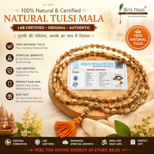 BRIJ HAAT Holy Basil Tulsi Wood Mala, 108+1 Beads, Hindu Japa Prayer Necklace for Meditation
