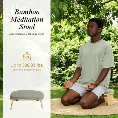 Foldable Meditation Bench with Cushion,Bamboo Meditation Stool,Portable Kneeling Stool,Prayer Bench,Green,Wood Color - color: Green,wood Color
