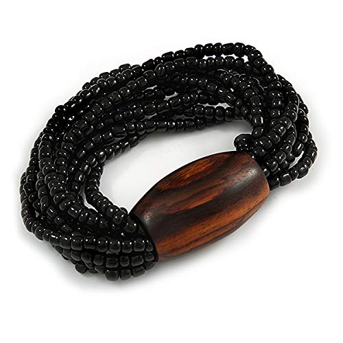 Avalaya Multistrand Black Glass Bead with Brown Wooden Bead Flex Bracelet - Medium