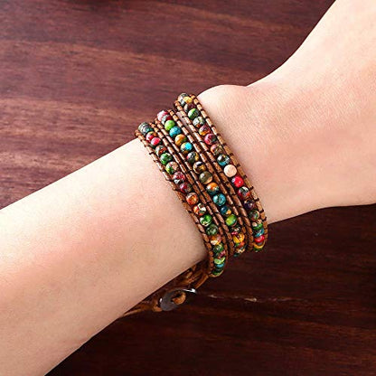 Women Boho Handmade Natural Stone Crystal Leather Bead Wrap Bracelets Collection - style: Colorful Jasper 3w