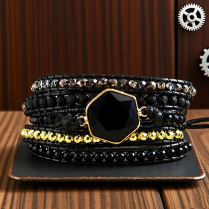 Handmade Boho Wrap Bracelets Natural Turquoise Crystal Stone Variety Beaded Strand Bracelet - color: Obsidian