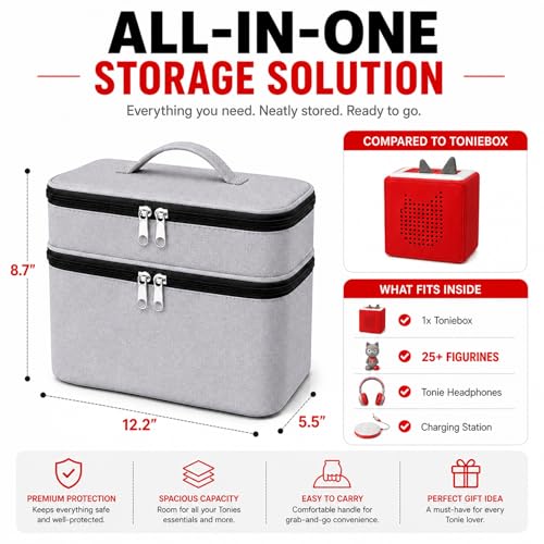 Bevegekos Storage Carrying Bag for Tonies 2 Starter Set, for 25+ Toniebox Characters, Charging Station & Headphone, Case Only (Large, Grey) - color: Grey