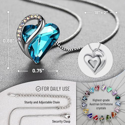 Leafael Gift Necklaces for Women, Infinity Love Birthstone Heart Crystal Pendant, Birthday Anniversary Jewelry for Wife, Mom, and Her, Silver Plated, 18" + 2" Adjustable Chain - color: 12b-December-Indicolite Zircon Blue