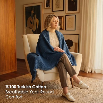 Mira Waffle Throw Blanket with Tassels - 50x66 Inch - 100% Turkish Cotton Tencel Breathable Blend Lightweight Blanket for Couch, Sofa, Bed - color: Salmon