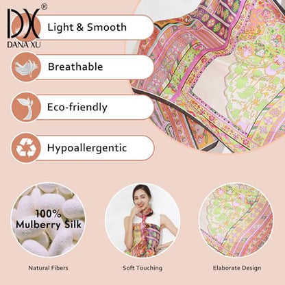 100% Mulberry Extra Large Silk Pashmina Scarf Shawls And Wraps For Women Evening Dress Summer Travel Floral Blanket - color: Orange Mosaic Dream