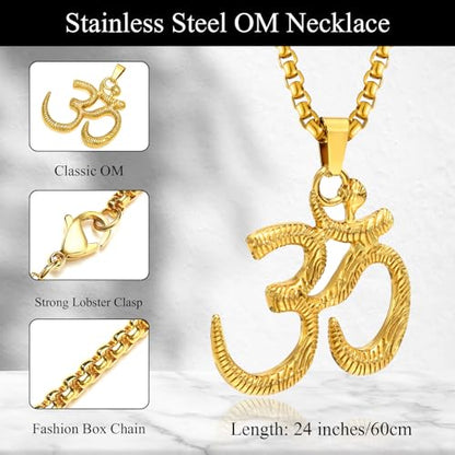 Stainless Steel Om Necklace for Men Women, gold plated/Silver/Black Yoga Charm Pendant Necklaces Aum Om Ohm Sanskrit Symbol Hindu Meditation Chain Necklace,Mens Womens Jewelry Gifts - color: Gold