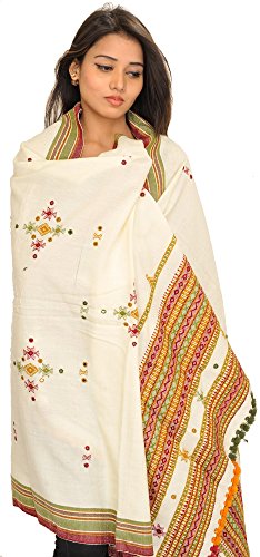 Exotic India Shawl from Kutch with Embroidered Bootis and Mirrors - Wool - color: Banana Crepe
