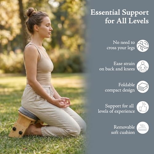 Adjustable Height Meditation Bench with Velvet Cushion, Bamboo Folding Prayer Kneeling Stool Yoga Meditation Chair, Zen Prayer Bench