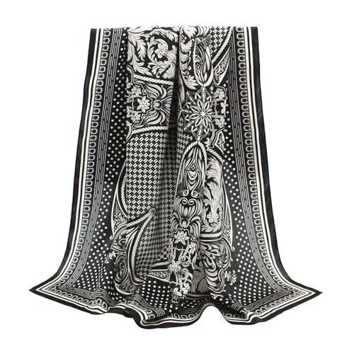 ANDANTINO 100% Pure Mulberry Silk Scarf 35" Large Square Lightweight Headscarf –Women’s Hair Wraps-With Gift Packed - color: Black & Creamy White