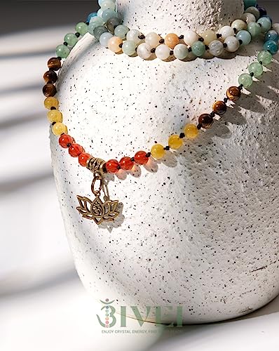 Bivei 7 Chakra 108 Mala Beads Bracelet Real Gemstone Yoga Meditation Hand Knotted Mala Prayer Bead Necklace - size: 6mm, style: Lotus OM - Amazonite