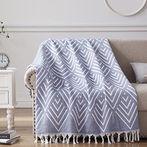 SE SOFTEXLY Muslin Blanket Throw 50x60, Jacquard Summer Cooling Blanket Cozy Organic Egyptian Cotton Bed Spread for Bed Couch Breathable Lightweight Keep Body Cool for Hot Sleepers - color: Tassels Blue
