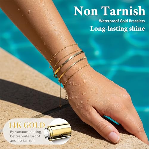 Dainty Gold Bracelet for Women Stack, Thin Bracelets Stackable Set with Bangle Cuff, Box, Herringbone, Paperclip, Figaro, Sparkling Link Chains Waterproof, Simple Jewelry Gifts for Women Non Tarnish - color: style 01-gold