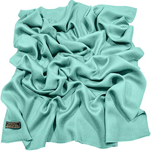 CJ Apparel Solid Color Fringe Design Fringe Shawl Scarf Wrap Stole Throw Head Wrap Pashmina Gift Hand Made in Nepal New - color: Cyan Fc1028