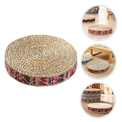 BESTonZON Straw Braided Meditation Cushion Round Floor Pillow 30cm Diameter X 7cm Height Woven Sitting Mat Eco-Friendly Grass Seat Pad for Yoga and Zen Practice