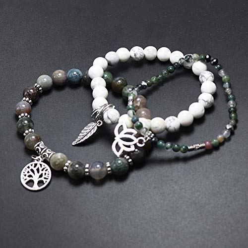 Tree of Life Yoga Healing Stone Bracelets,Multilayer Lotus Chakra Stone Reiki Bracelet Sets,Anxiety Crystal Natural Stone,for Women Stress Relief - style: Indian agate + white turquoise