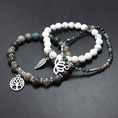 Tree of Life Yoga Healing Stone Bracelets,Multilayer Lotus Chakra Stone Reiki Bracelet Sets,Anxiety Crystal Natural Stone,for Women Stress Relief - style: Indian agate + white turquoise