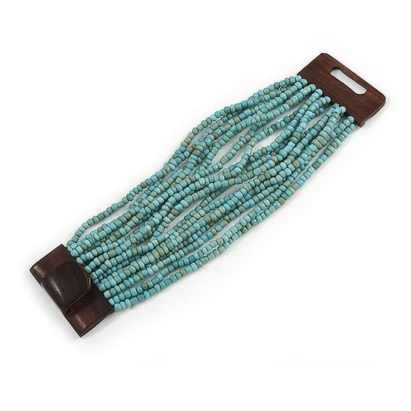 Avalaya Dusty Light Blue Glass Bead Multistrand Flex Bracelet With Wooden Closure - 19cm L