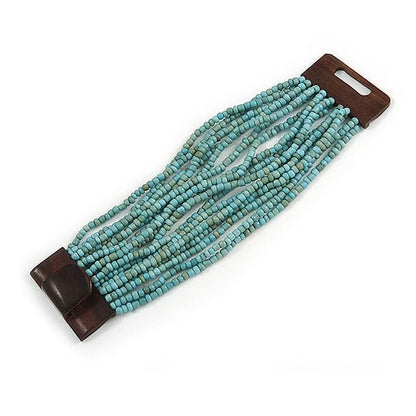 Avalaya Dusty Light Blue Glass Bead Multistrand Flex Bracelet With Wooden Closure - 19cm L