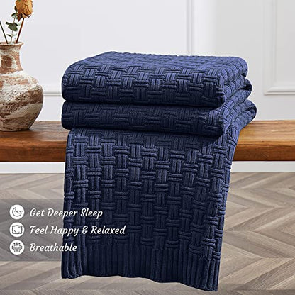 TREELY 100% Cotton Knitted Throw Blanket Couch Cover Blanket(60 x 80 Inches, Navy Blue) - color: Navy Blue, size: Twin (60 in x 80 in)