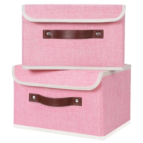ANMINY 2PCS Storage Bins with Lid PU Leather Handles Storage Boxes PP Plastic Board Decorative Foldable Lidded Cotton Linen Fabric Home Cubes Baskets Closet Organizer Containers - Pink, Small Size - color: Pink, size: Small (Pack of 2)