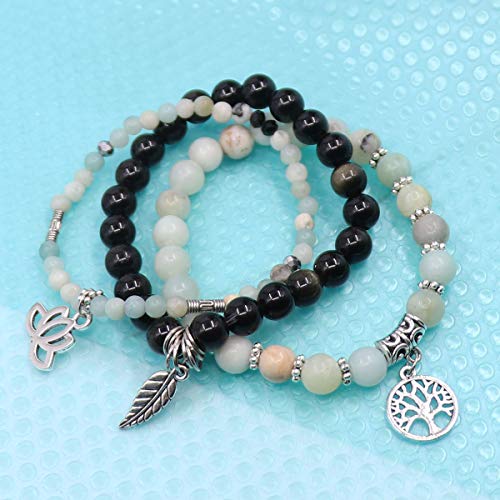 Tree of Life Yoga Healing Stone Bracelets,Multilayer Lotus Chakra Stone Reiki Bracelet Sets,Anxiety Crystal Natural Stone,for Women Stress Relief - style: Cyan White +Jin Yao Stone