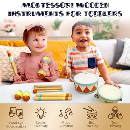 Toddler Musical Instruments - Montessori Wooden Musical Toys for Toddlers 1-3 | Modern Boho Baby Drum Set with Neutral Colors Percussion Instruments | Kids Preschool Educational - style: Drum