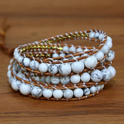 Boho Wrap Bead Bracelet for Women - Handmade Adjustable Natural Stone Beaded Bracelets Yoga Healing Bracelet Bangle Hippie Jewelry - color: White Turquoise #2