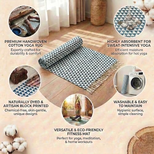 VINYASA Handwoven Cotton Yoga Rug Mat – Naturally Dyed | Absorbent, Washable Yoga Mat/Fitness Rug, Hatha, Pilates & Meditation - Non-Slip Grip | Extra Long & Wide | Trikon Series - color: Indigo