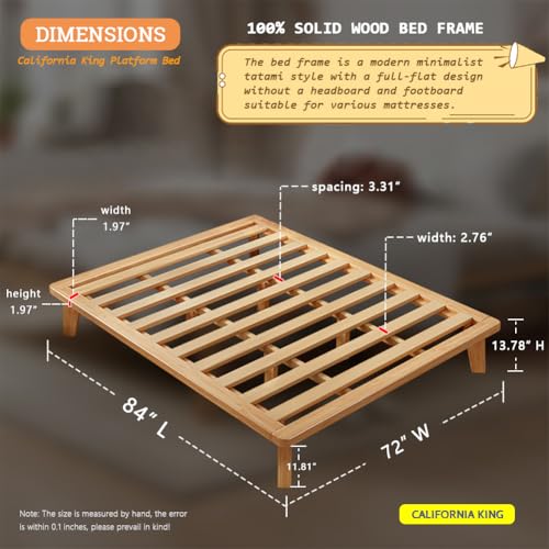 NELYE California-King Platform Bed Base - 14 Inch Solid Wood Mattress Foundation with Support Slats and Legs, California King Size Rubberwood Simple Bed Frame - size: California King