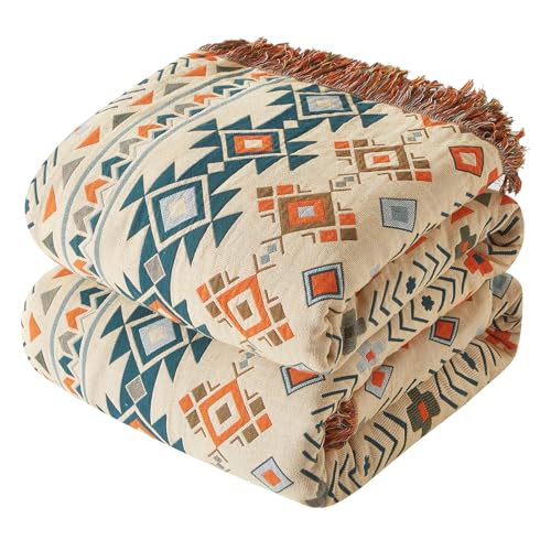 Bailix Boho Throw Blanket for Couch Sofa Bed, 100% Cotton Woven Quilt with Tassel 50”x60”, Super Soft Muslin Blanket with Patchwork Printed, Decorative Reversible Bed Blanket/Cover for All Seasons - color: H - Diamond, size: Throw-50" X 60"