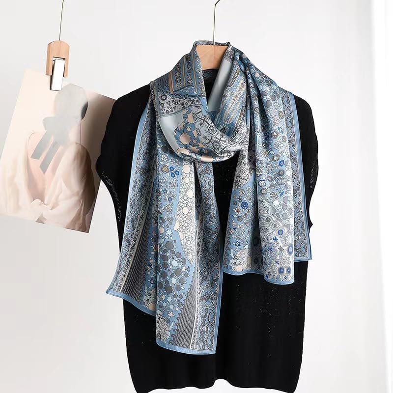 100% Mulberry Silk Long Scarf for Women Large Shawls for Headscarf and Neck- Oblong Hair Wraps with Gift Packed - color: Pale Blue Flowers