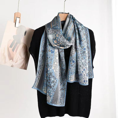 100% Mulberry Silk Long Scarf for Women Large Shawls for Headscarf and Neck- Oblong Hair Wraps with Gift Packed - color: Pale Blue Flowers