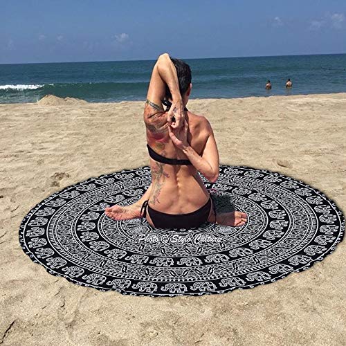 Mandala Round Tapestry Black Printed Tablecloth Picnic Rug Beach Yoga Meditation Mat Cotton Elephant 72 Inches Mandala Throw