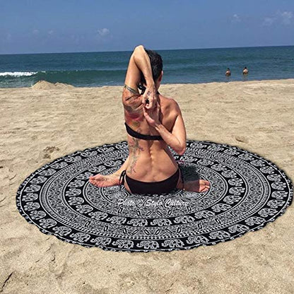 Mandala Round Tapestry Black Printed Tablecloth Picnic Rug Beach Yoga Meditation Mat Cotton Elephant 72 Inches Mandala Throw