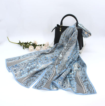 100% Mulberry Silk Long Scarf for Women Large Shawls for Headscarf and Neck- Oblong Hair Wraps with Gift Packed - color: Pale Blue Flowers