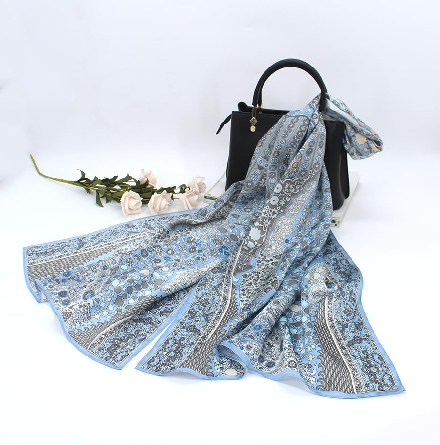 100% Mulberry Silk Long Scarf for Women Large Shawls for Headscarf and Neck- Oblong Hair Wraps with Gift Packed - color: Pale Blue Flowers