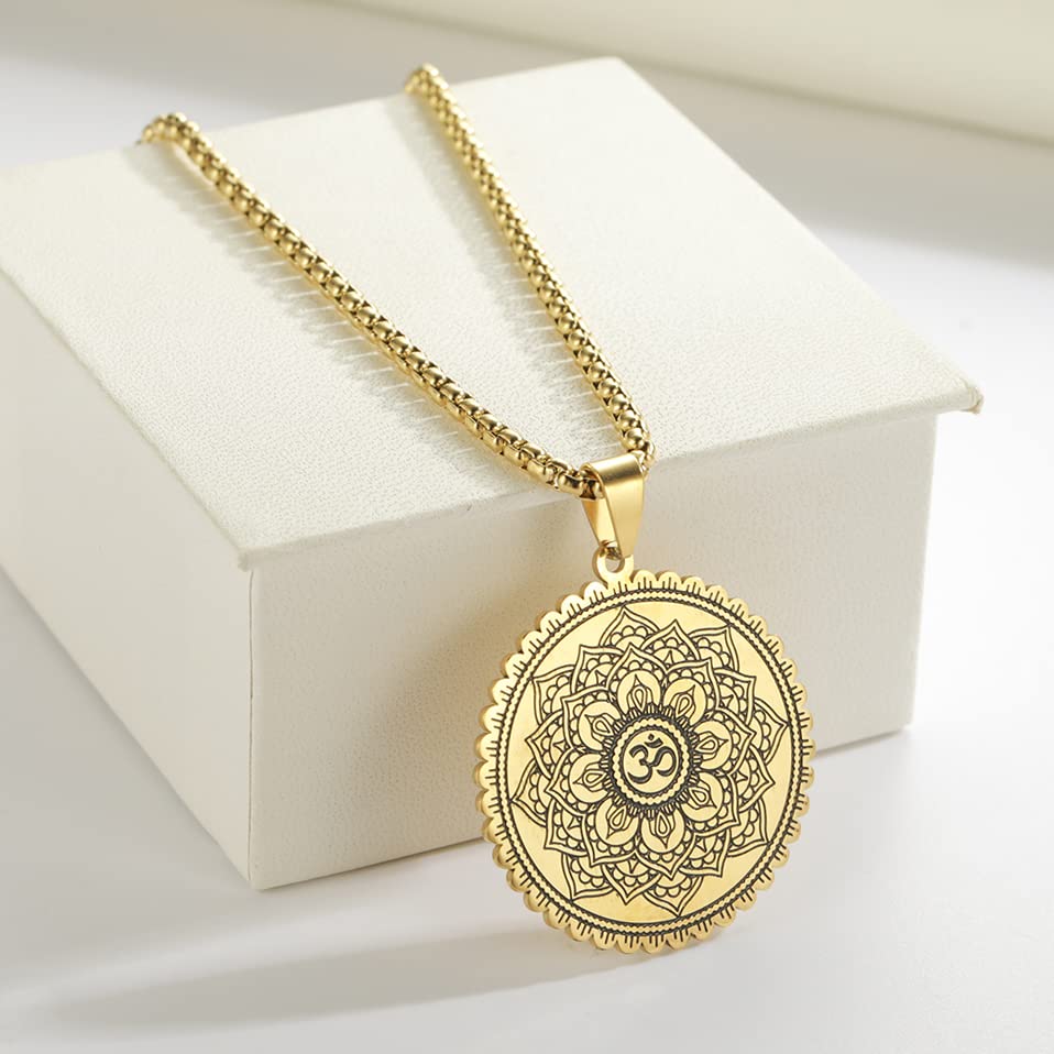 Mandala Om Aum Ohm Men's Necklace Sanskrit Symbol Om Aum Ohm Spiritual Amulet Indian Lotus Mandala Yoga Pendant Religious Jewelry Men - color: Mandala gold