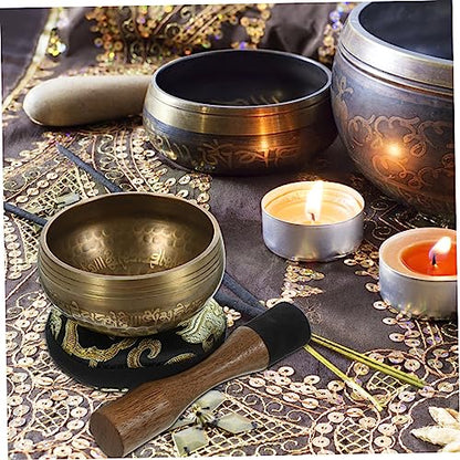 LIFKOME Hand-hammered Meditation Bowl Set for Yoga Relaxation Yellow Tibetan Singing Bowl with Mesmerizing Sound Portable Stress Relief Tool for Mindfulness and Calm